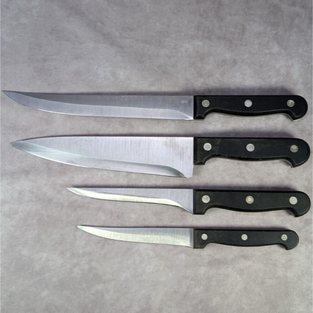 4 Vintage Heavy Quality Kitchen Knives Full Tang Black Wood Handle Taiwan
